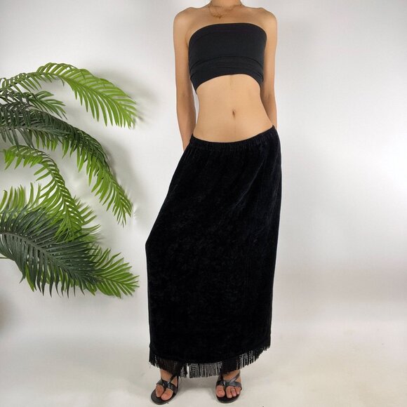 Vintage 90s Black Velvet Whimsygoth Fairy Grunge Low Rise Boho Maxi Skirt / L - Picture 1 of 7